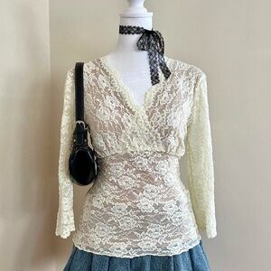 Vintage 90s Romantic Coquette Sheer Cream Ecru Lace Overlay Top Goth Formal M